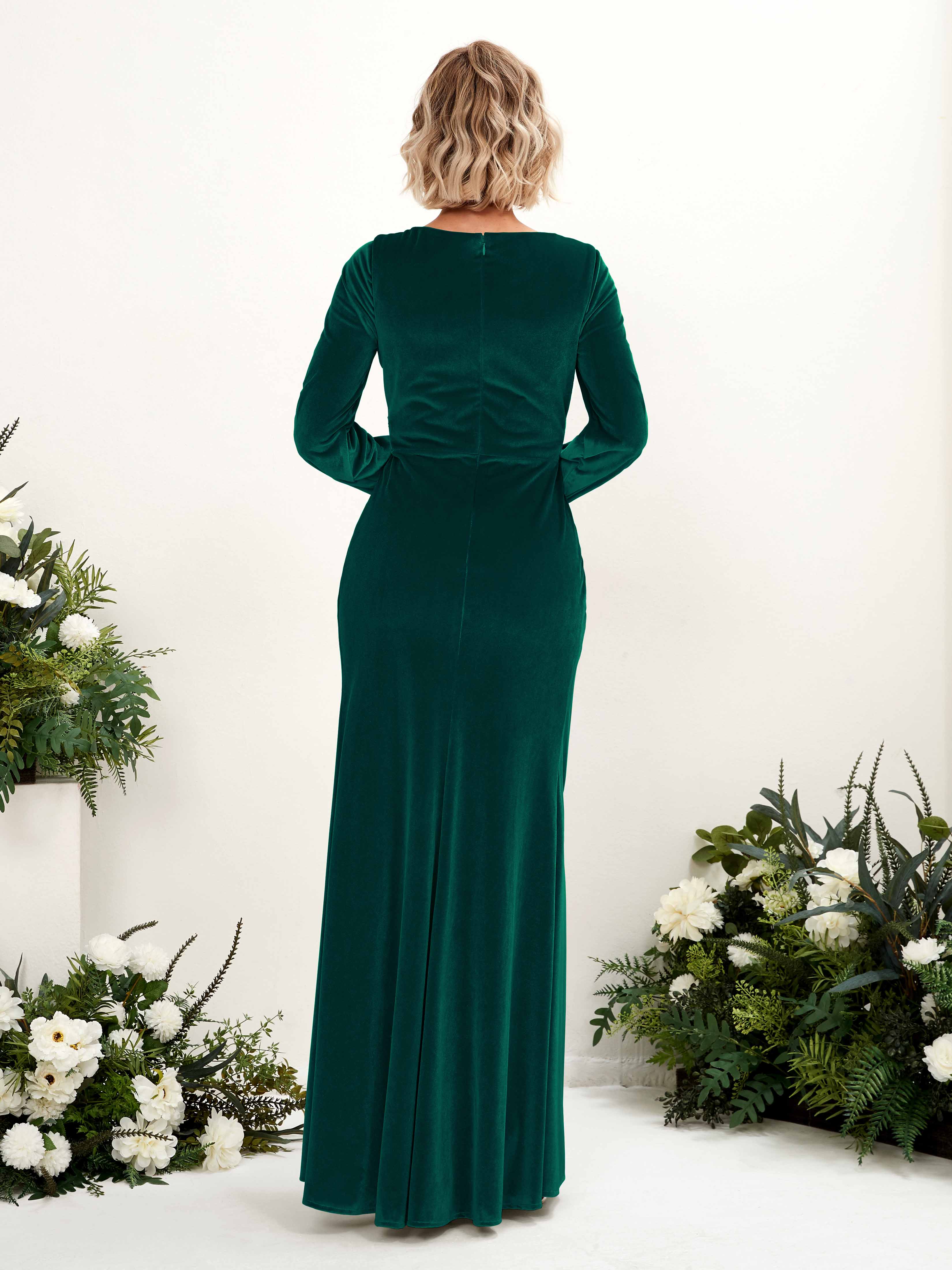 Hunter Green Velvet Bridesmaid Dress Long Sleeve V-Neck Maxi with