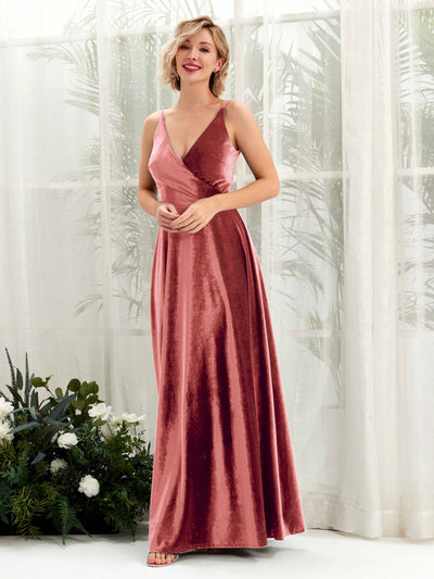 Carlyna Sheila A-Line Dusty Rose Velvet Bridesmaid Dress Maxi Sleeveless V-Neck Dress #color_dusty-rose