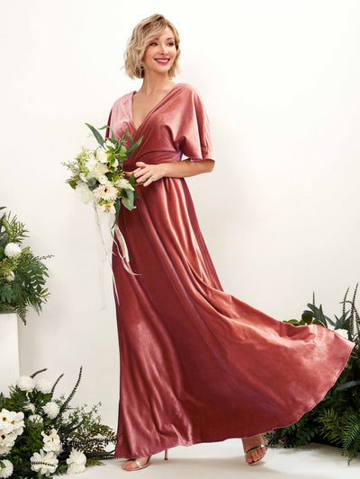 Carlyna Erica A-Line Dusty Rose Velvet Bridesmaid Dress Maxi Short Sleeve V-Neck Dress Front View #color_dusty-rose
