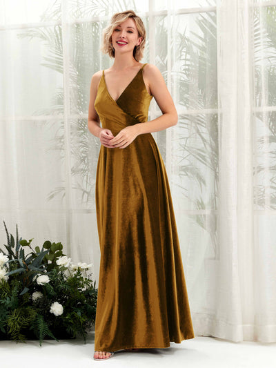 Carlyna Sheila A-Line Burnished Gold Velvet Bridesmaid Dress Maxi Sleeveless V-Neck Dress #color_burnished-gold