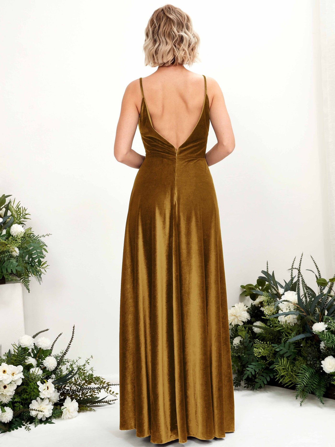 Burnished Gold Bridesmaid Dresses Bridesmaid Dress A-line Velvet Spaghetti-straps Full Length Sleeveless Wedding Party Dress (80224116)#color_burnished-gold