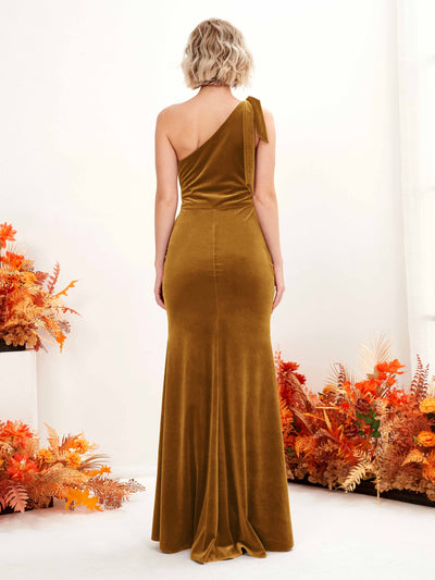Carlyna Tammy Mermaid Burnished Gold Velvet Bridesmaid Dress Maxi Sleeveless One Shoulder Dress #color_burnished-gold