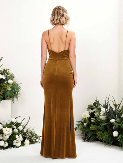 Carlyna Elva Mermaid Burnished Gold Velvet Bridesmaid Dress Maxi Sleeveless V-Neck Dress Back View #color_burnished-gold