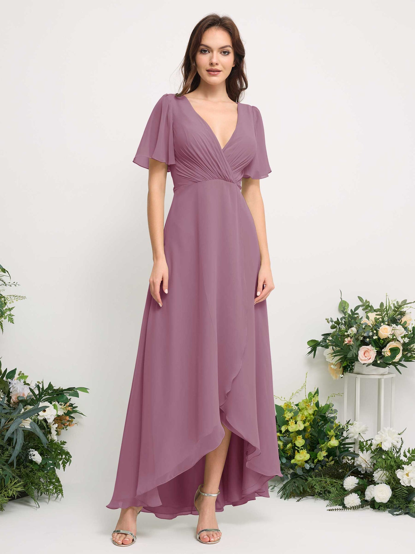 A-Line Asymmetric Chiffon Maxi Dress | V-Neck Short Sleeve Bridesmaid & Wedding Guest Dress #color_vintage-mauve