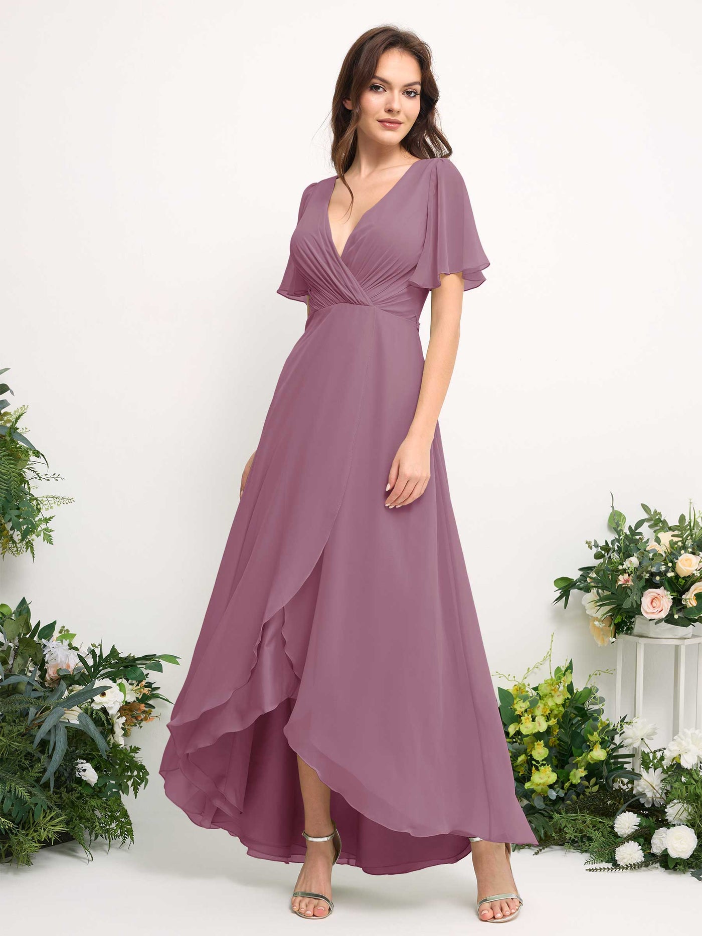 A-Line Asymmetric Chiffon Maxi Dress | V-Neck Short Sleeve Bridesmaid & Wedding Guest Dress #color_vintage-mauve