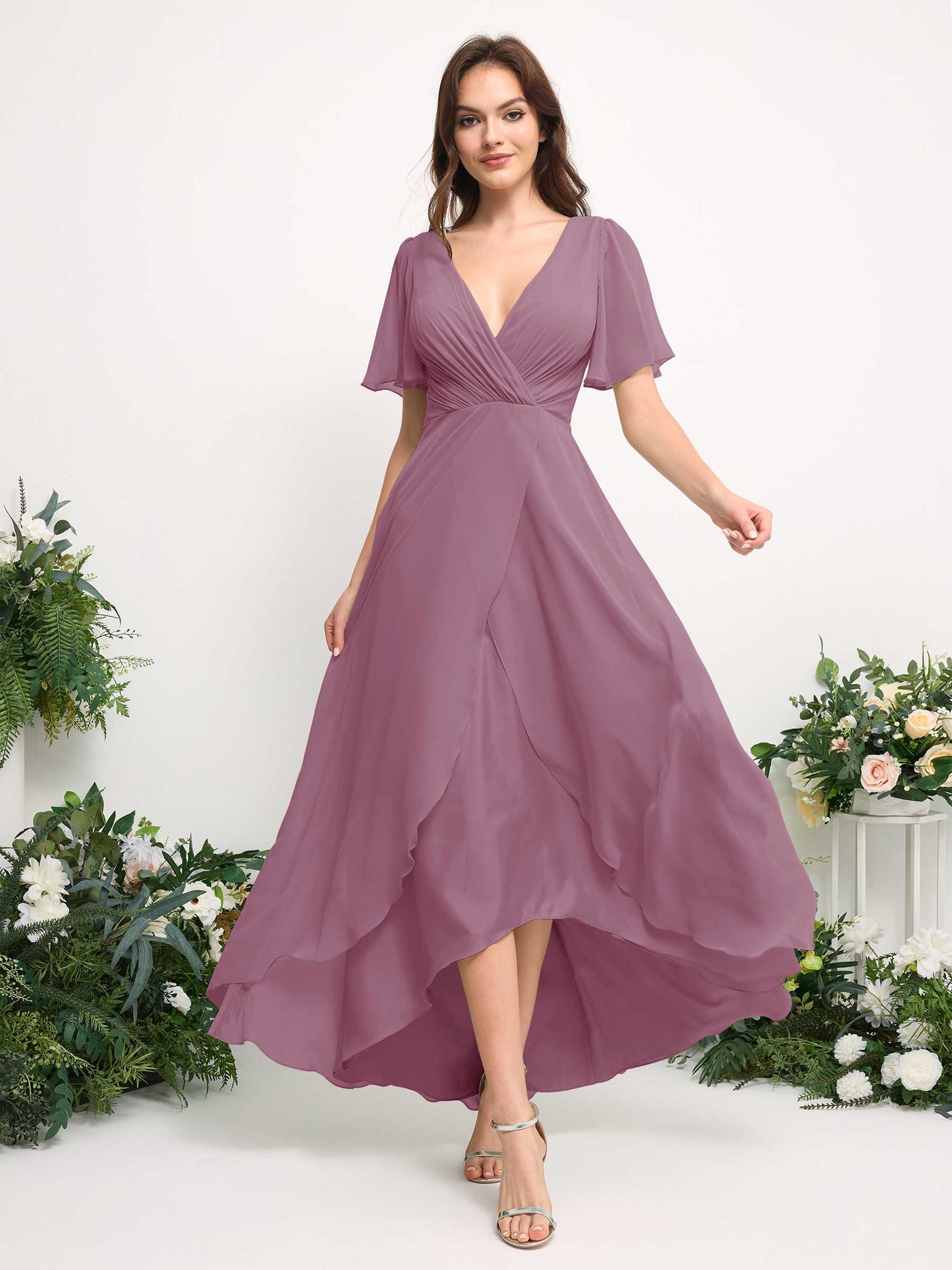 A-Line Asymmetric Chiffon Maxi Dress | V-Neck Short Sleeve Bridesmaid & Wedding Guest Dress #color_vintage-mauve