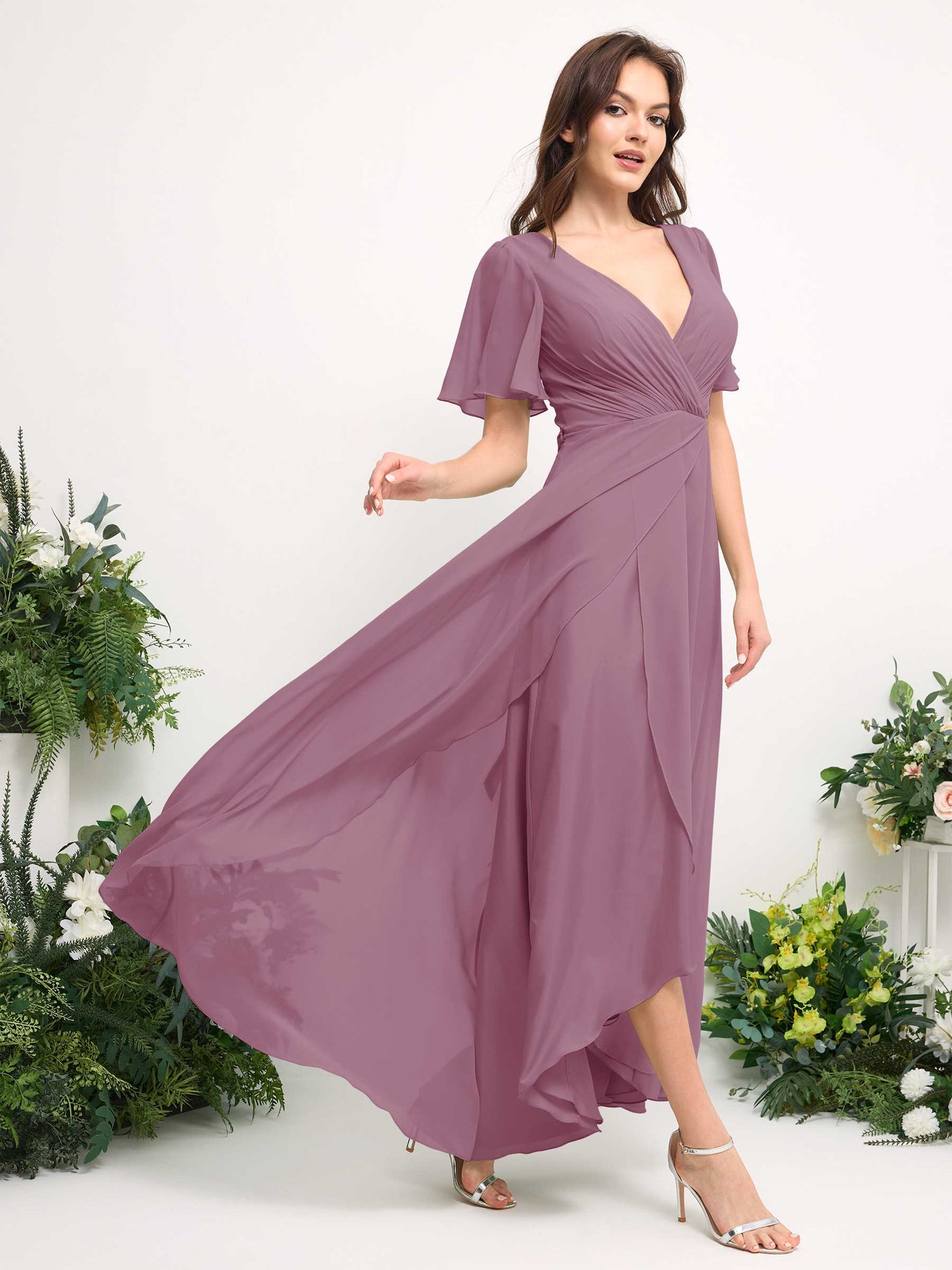 A-Line Asymmetric Chiffon Maxi Dress | V-Neck Short Sleeve Bridesmaid & Wedding Guest Dress #color_vintage-mauve