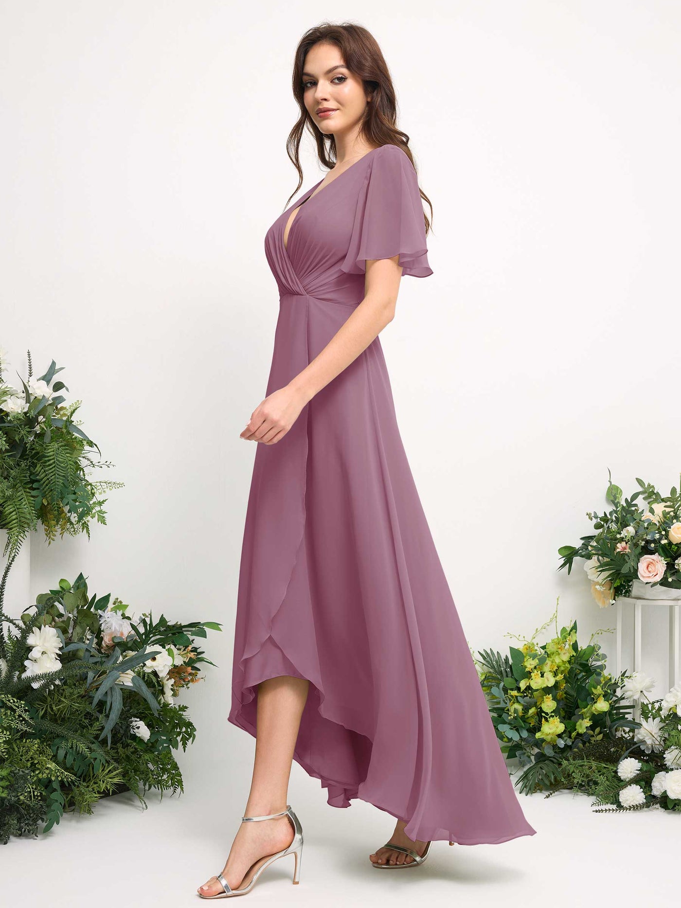 A-Line Asymmetric Chiffon Maxi Dress | V-Neck Short Sleeve Bridesmaid & Wedding Guest Dress #color_vintage-mauve