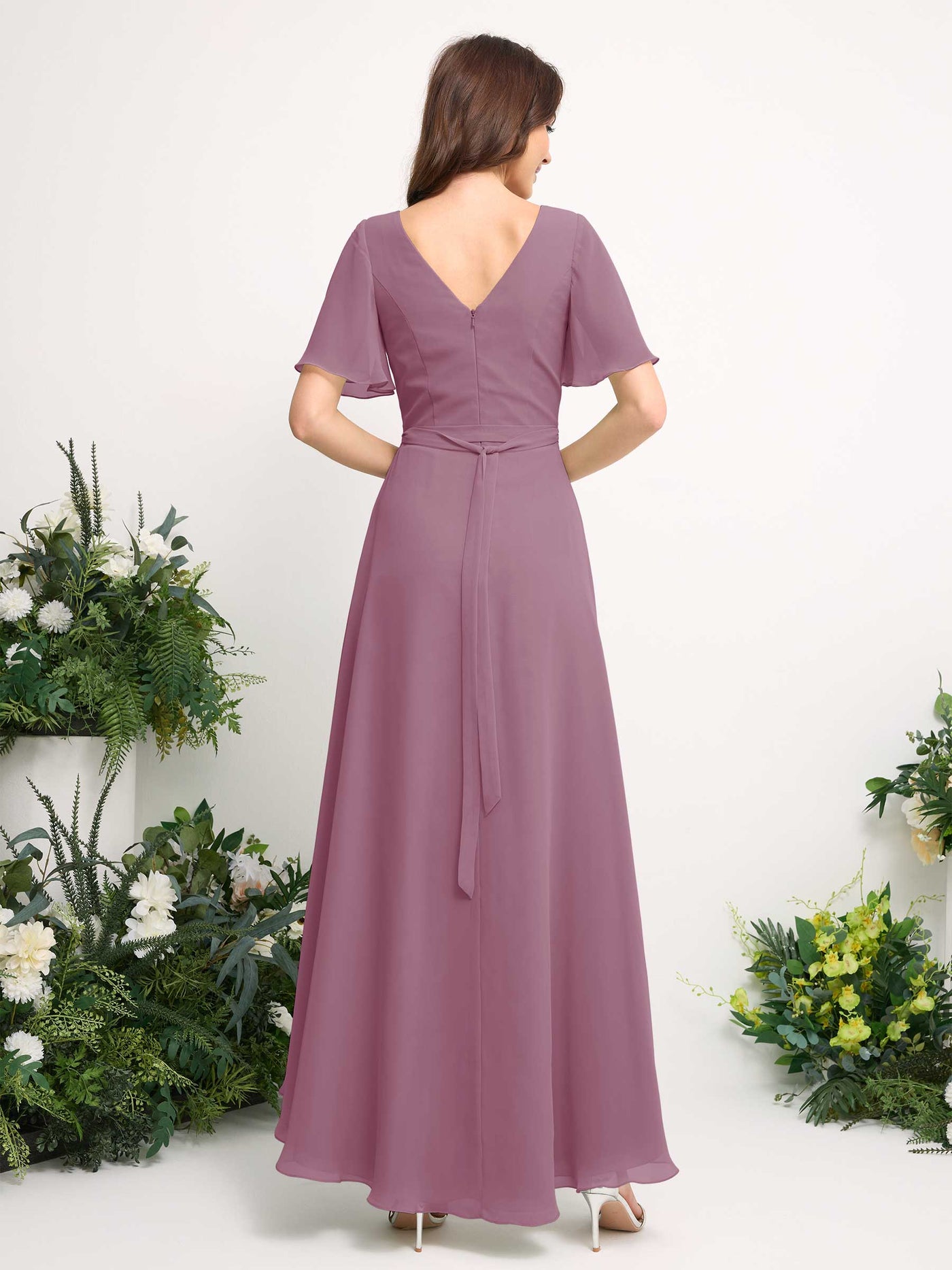 A-Line Asymmetric Chiffon Maxi Dress | V-Neck Short Sleeve Bridesmaid & Wedding Guest Dress #color_vintage-mauve