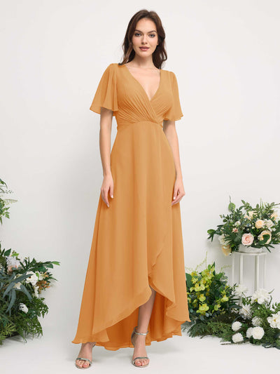 A-Line Asymmetric Chiffon Maxi Dress | V-Neck Short Sleeve Bridesmaid & Wedding Guest Dress #color_mango