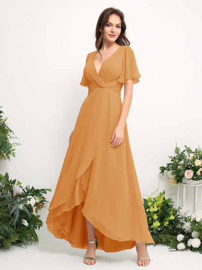 A-Line Asymmetric Chiffon Maxi Dress | V-Neck Short Sleeve Bridesmaid & Wedding Guest Dress #color_mango