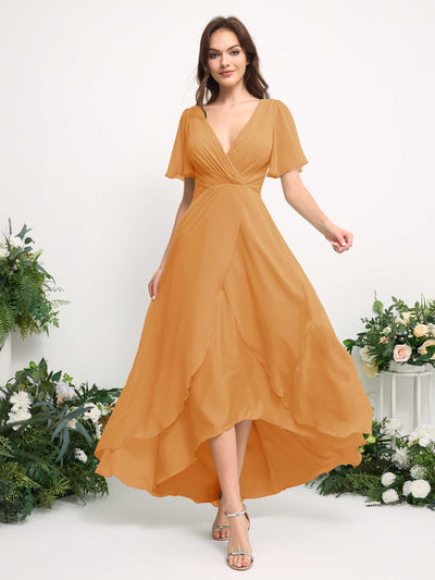 A-Line Asymmetric Chiffon Maxi Dress | V-Neck Short Sleeve Bridesmaid & Wedding Guest Dress #color_mango