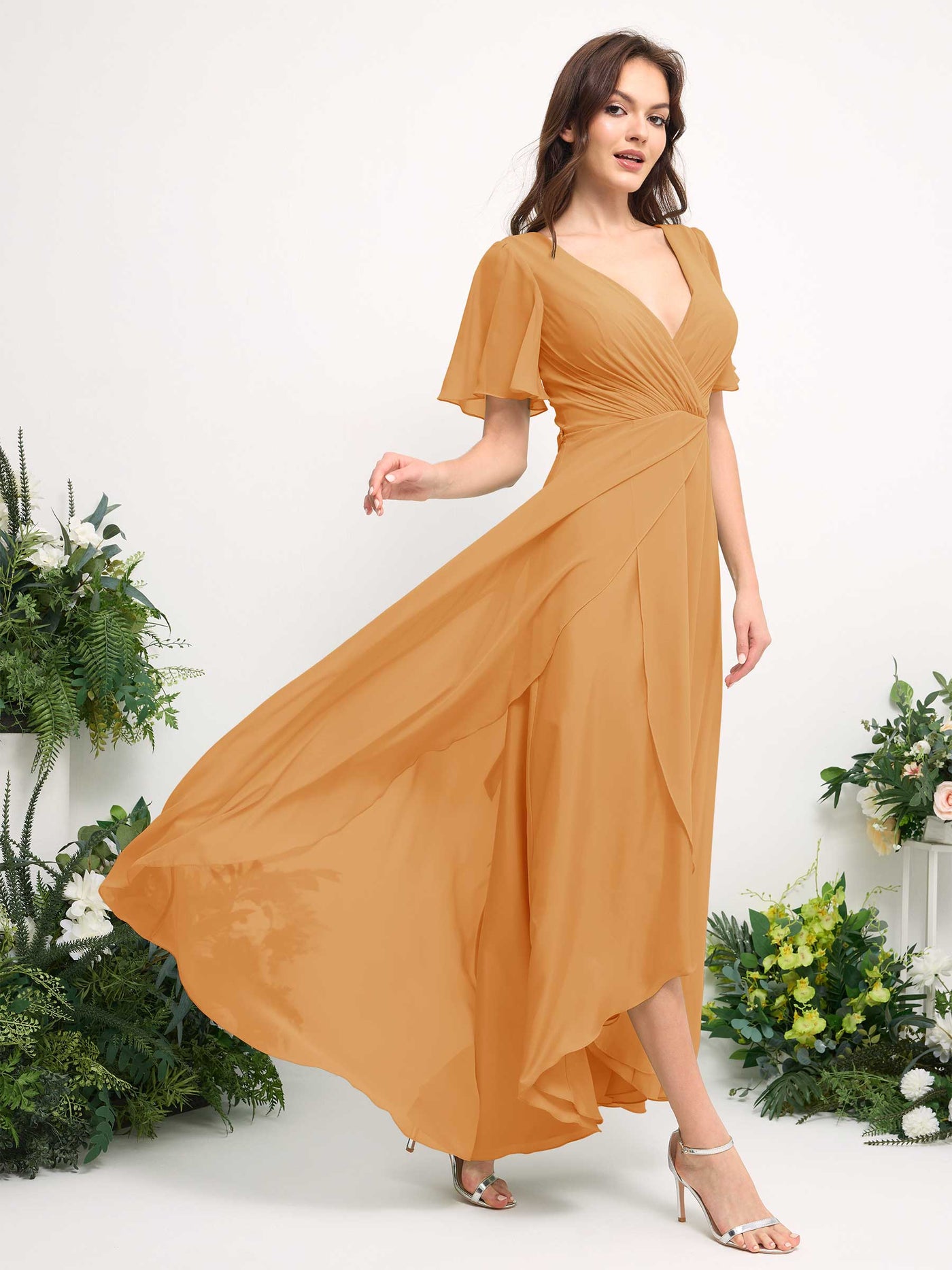 A-Line Asymmetric Chiffon Maxi Dress | V-Neck Short Sleeve Bridesmaid & Wedding Guest Dress #color_mango