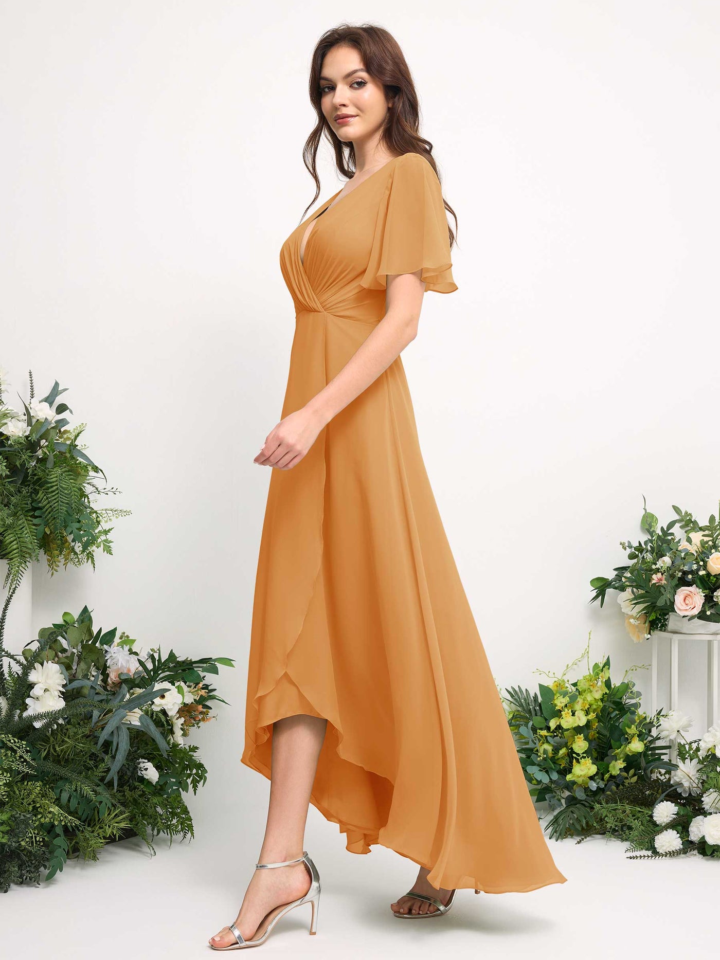 A-Line Asymmetric Chiffon Maxi Dress | V-Neck Short Sleeve Bridesmaid & Wedding Guest Dress #color_mango
