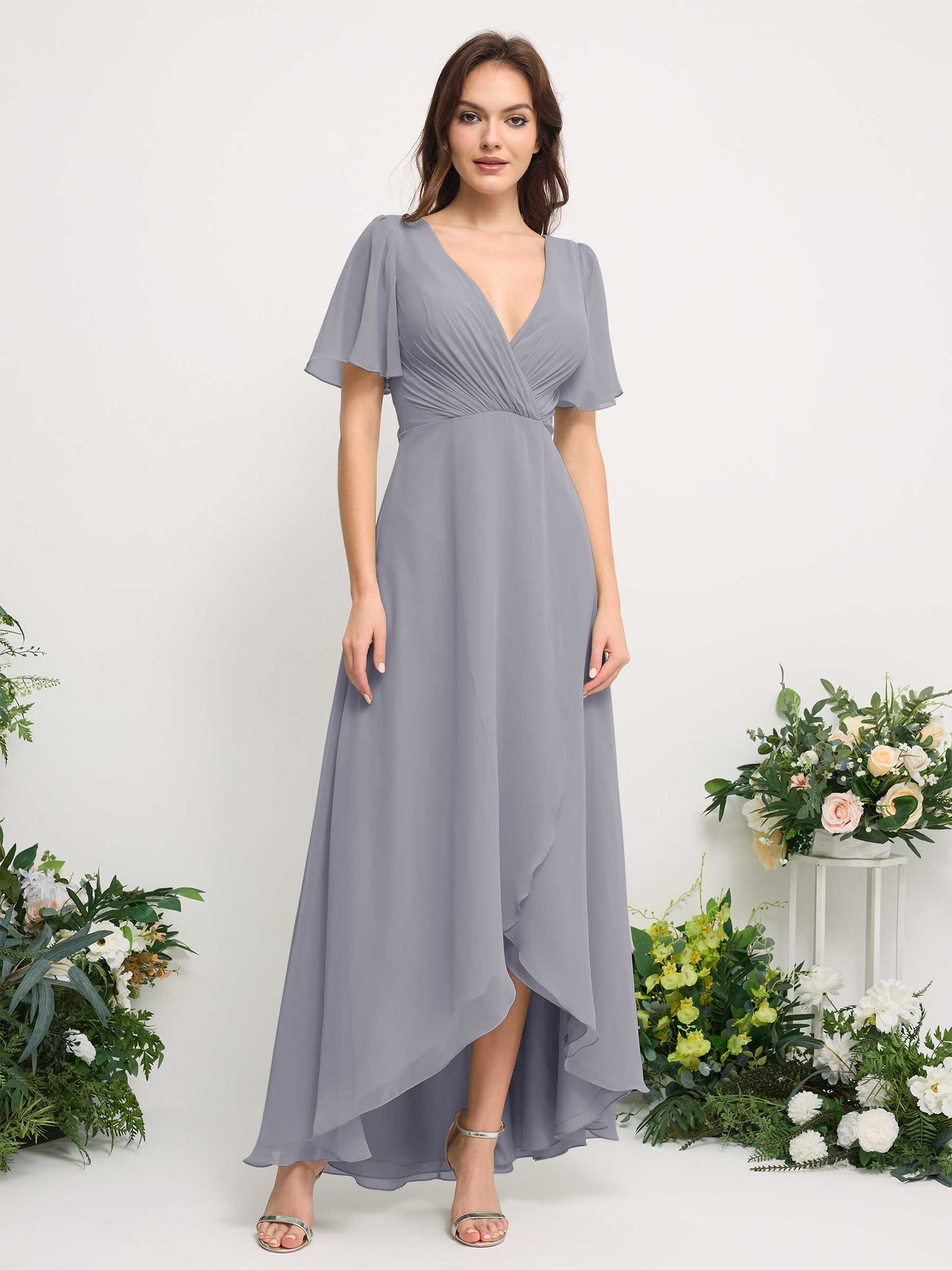 A-Line Asymmetric Chiffon Maxi Dress | V-Neck Short Sleeve Bridesmaid & Wedding Guest Dress #color_dusty-lavender