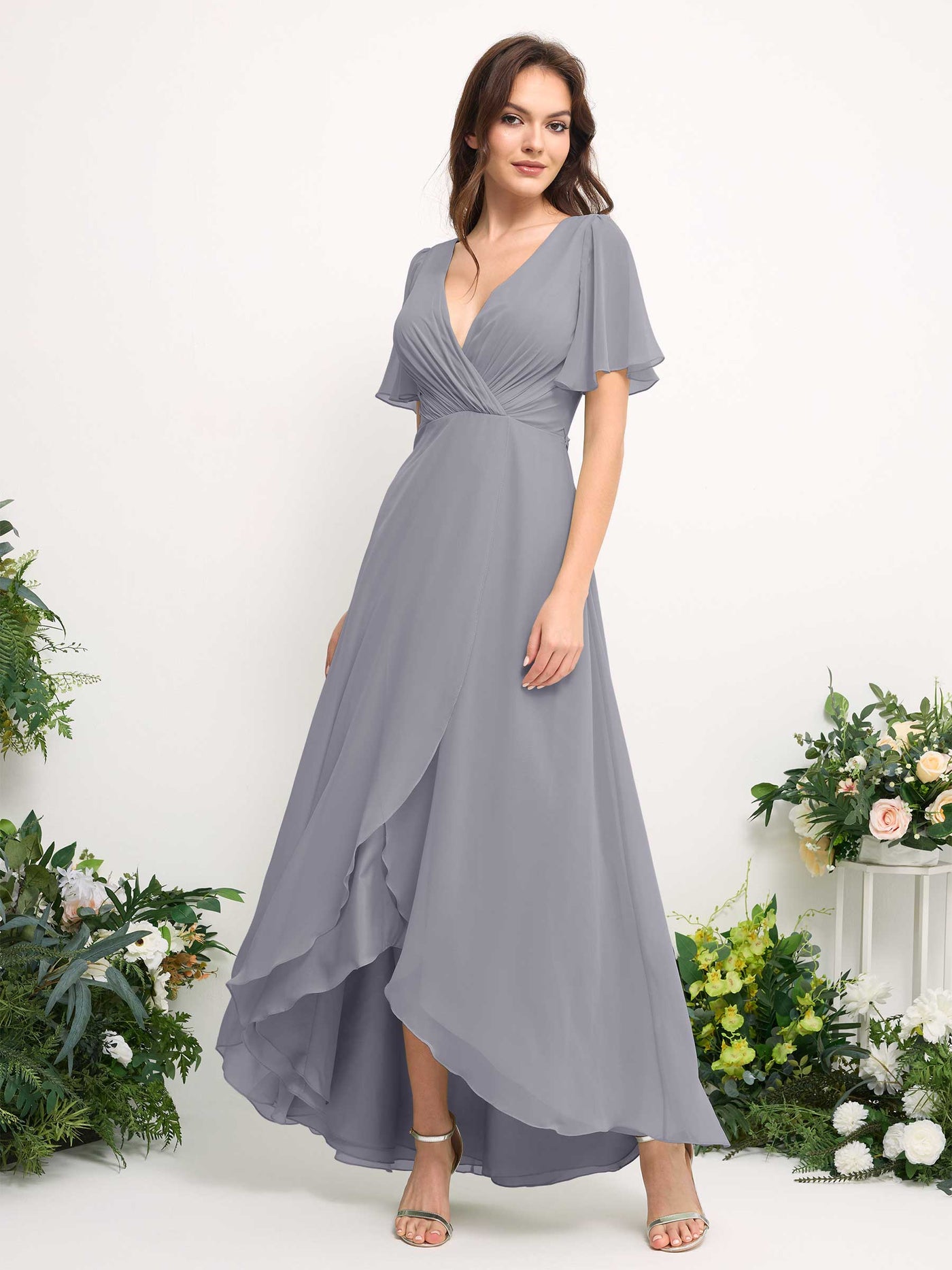 A-Line Asymmetric Chiffon Maxi Dress | V-Neck Short Sleeve Bridesmaid & Wedding Guest Dress #color_dusty-lavender