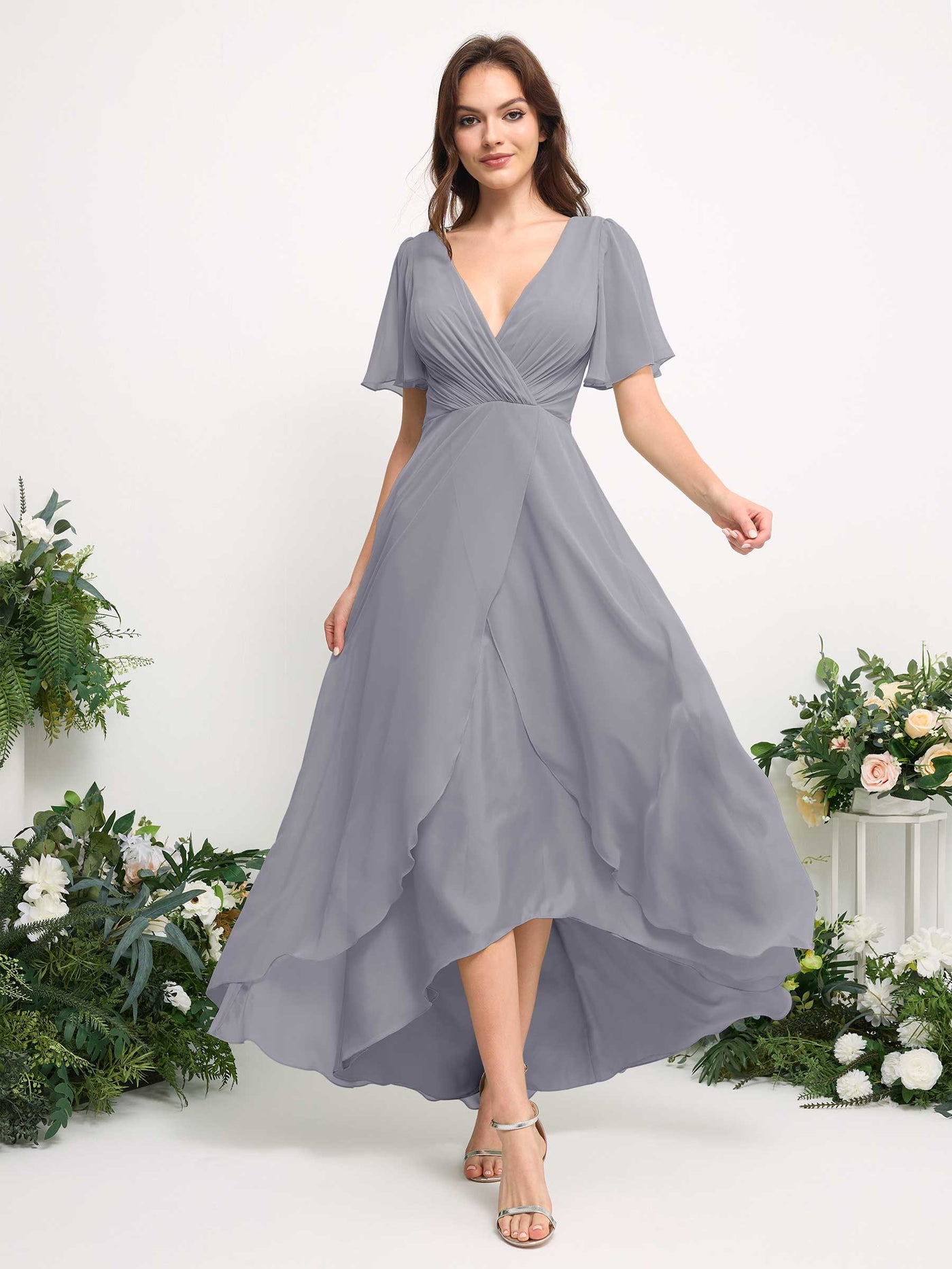 A-Line Asymmetric Chiffon Maxi Dress | V-Neck Short Sleeve Bridesmaid & Wedding Guest Dress #color_dusty-lavender