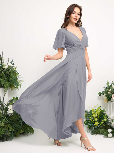 A-Line Asymmetric Chiffon Maxi Dress | V-Neck Short Sleeve Bridesmaid & Wedding Guest Dress #color_dusty-lavender