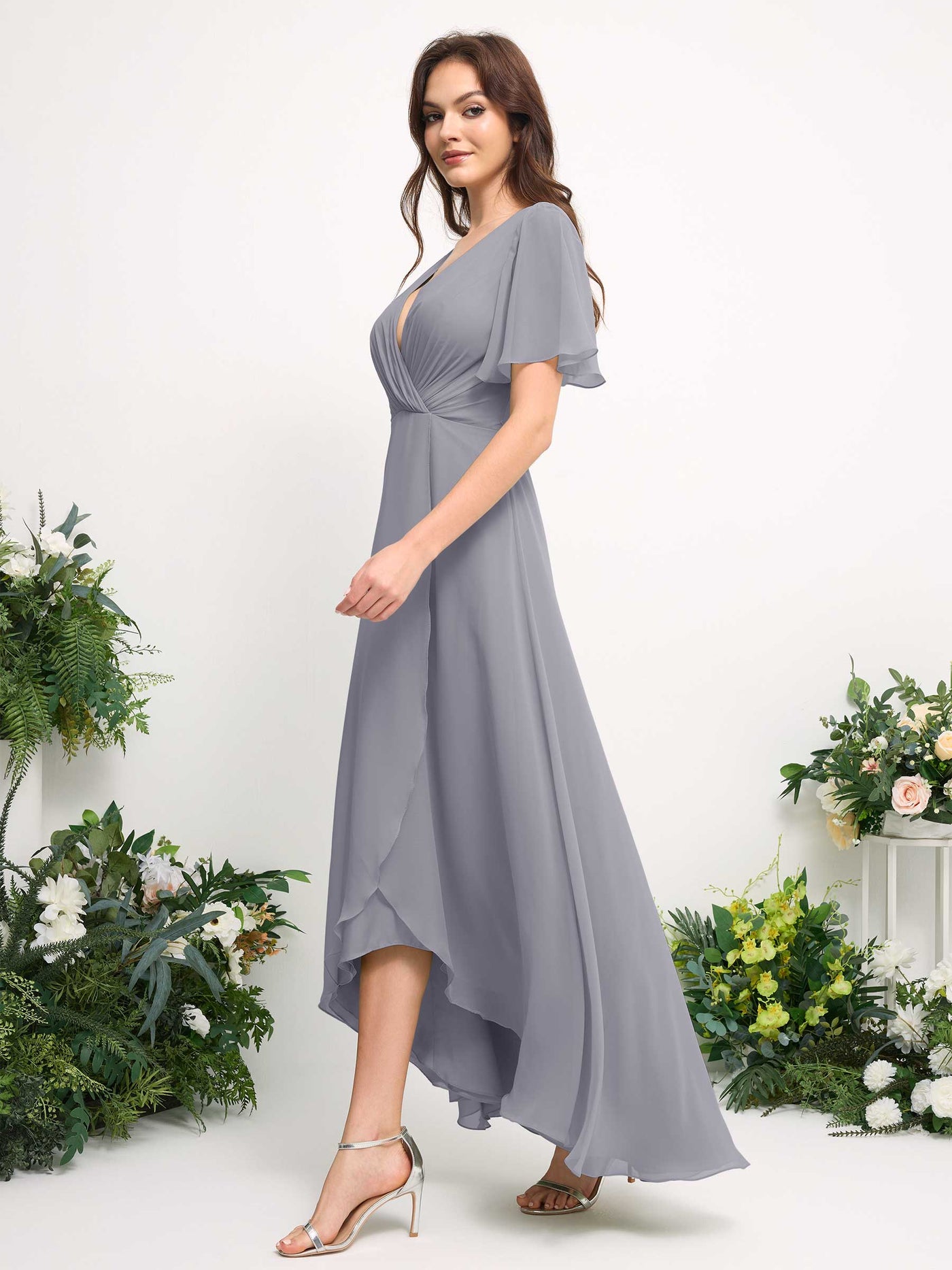 A-Line Asymmetric Chiffon Maxi Dress | V-Neck Short Sleeve Bridesmaid & Wedding Guest Dress #color_dusty-lavender
