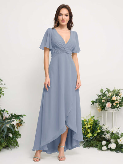 A-Line Asymmetric Chiffon Maxi Dress | V-Neck Short Sleeve Bridesmaid & Wedding Guest Dress #color_dusty-blue-upgrade