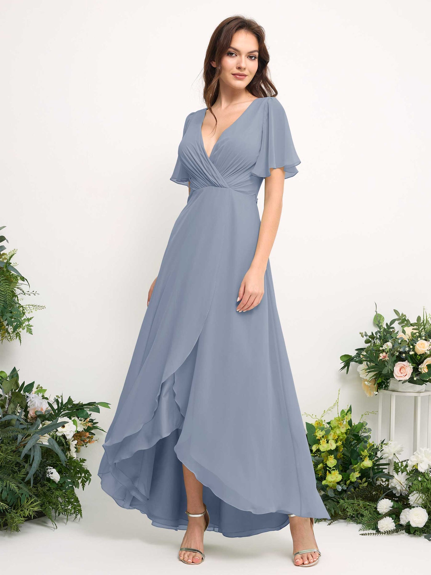 A-Line Asymmetric Chiffon Maxi Dress | V-Neck Short Sleeve Bridesmaid & Wedding Guest Dress #color_dusty-blue-upgrade