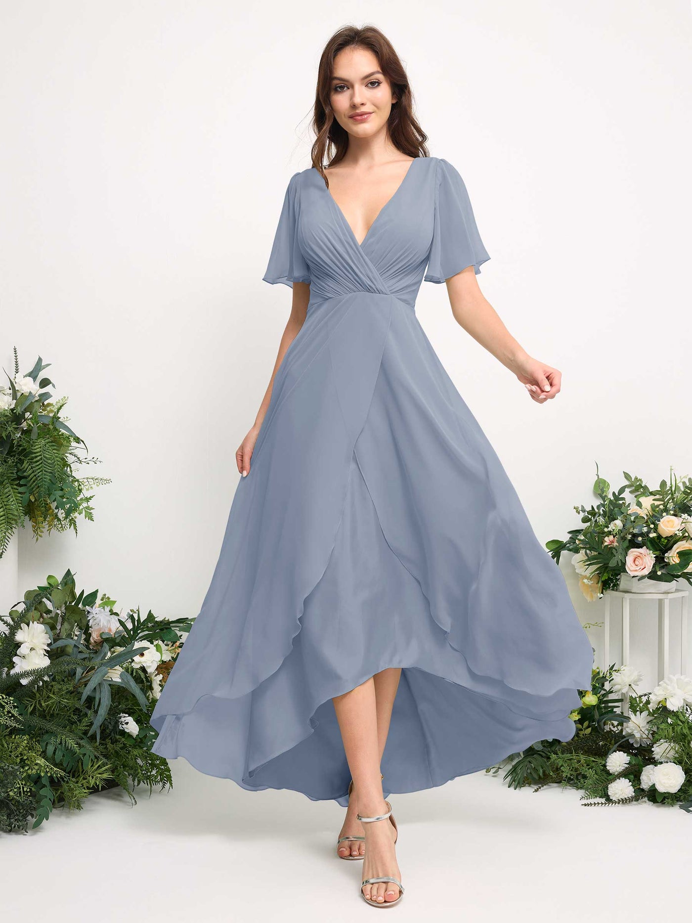 A-Line Asymmetric Chiffon Maxi Dress | V-Neck Short Sleeve Bridesmaid & Wedding Guest Dress #color_dusty-blue-upgrade