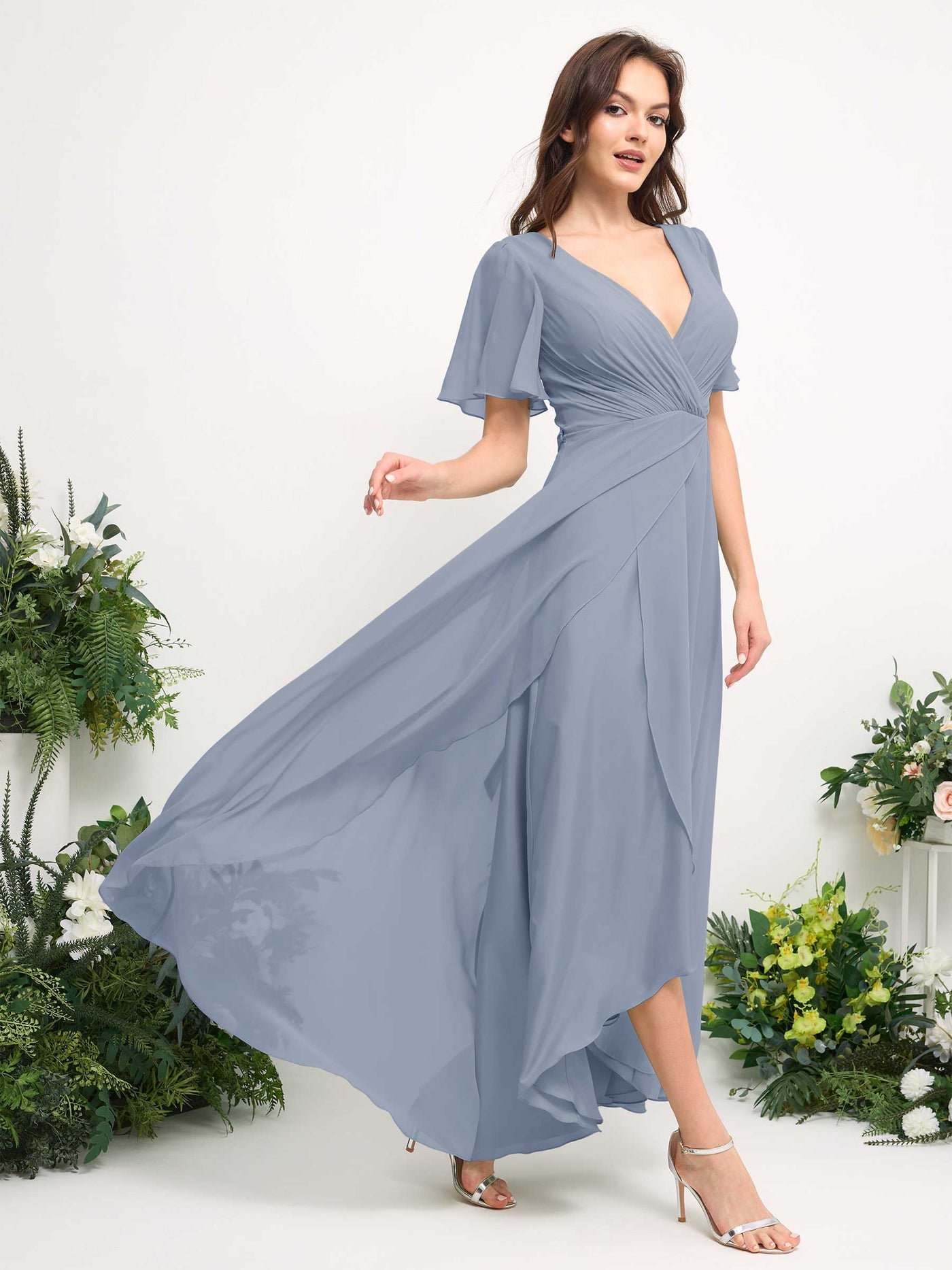 A-Line Asymmetric Chiffon Maxi Dress | V-Neck Short Sleeve Bridesmaid & Wedding Guest Dress #color_dusty-blue-upgrade