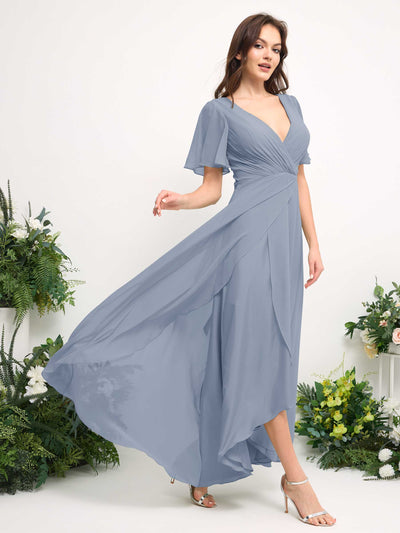 A-Line Asymmetric Chiffon Maxi Dress | V-Neck Short Sleeve Bridesmaid & Wedding Guest Dress #color_dusty-blue-upgrade