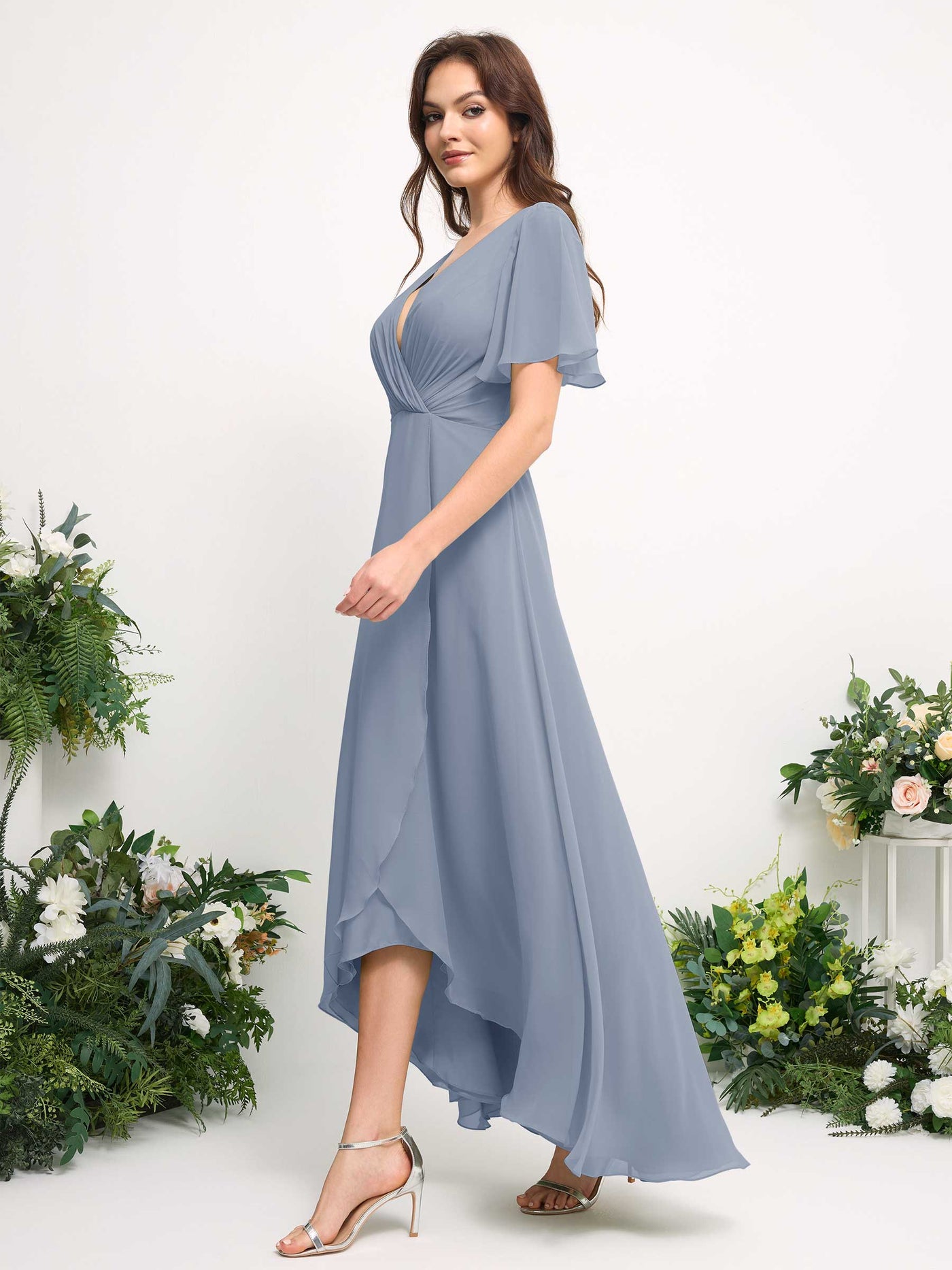 A-Line Asymmetric Chiffon Maxi Dress | V-Neck Short Sleeve Bridesmaid & Wedding Guest Dress #color_dusty-blue-upgrade