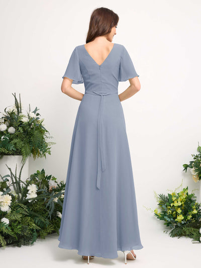 A-Line Asymmetric Chiffon Maxi Dress | V-Neck Short Sleeve Bridesmaid & Wedding Guest Dress #color_dusty-blue-upgrade