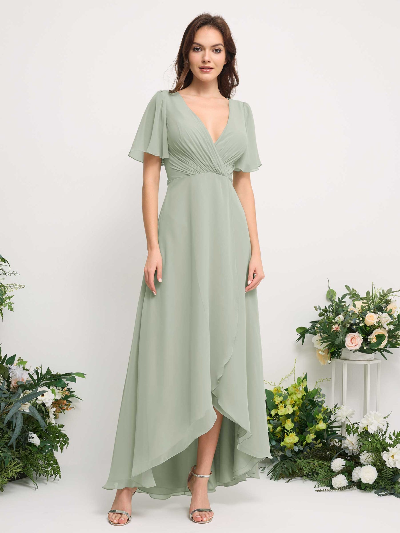 A-Line Asymmetric Chiffon Maxi Dress | V-Neck Short Sleeve Bridesmaid & Wedding Guest Dress #color_sage-green