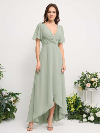 A-Line Asymmetric Chiffon Maxi Dress | V-Neck Short Sleeve Bridesmaid & Wedding Guest Dress #color_sage-green