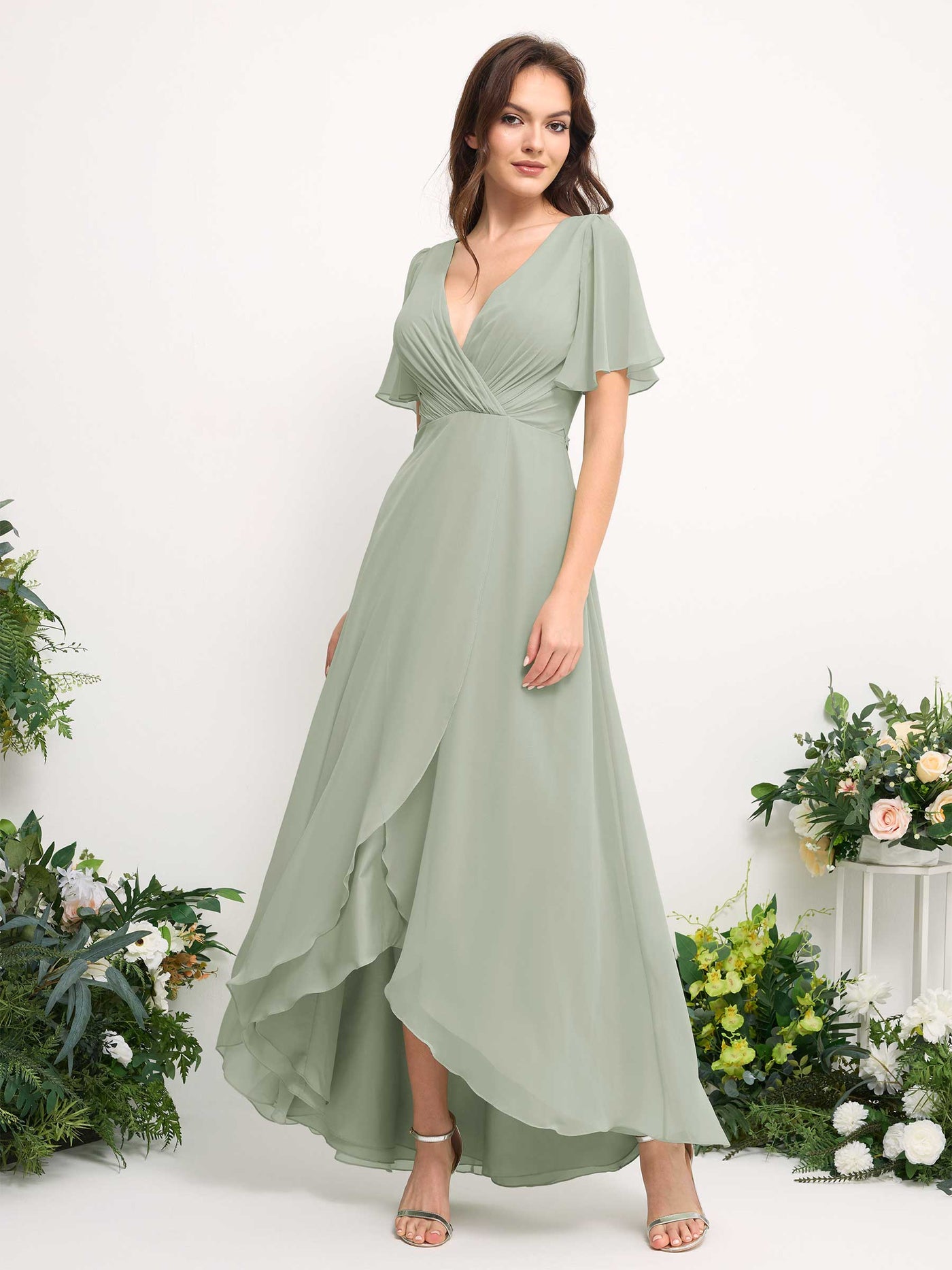 A-Line Asymmetric Chiffon Maxi Dress | V-Neck Short Sleeve Bridesmaid & Wedding Guest Dress #color_sage-green