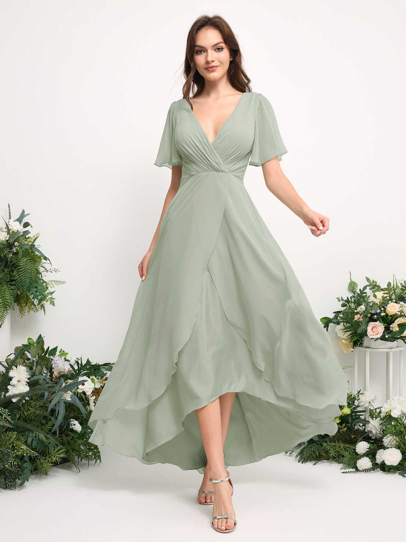 A-Line Asymmetric Chiffon Maxi Dress | V-Neck Short Sleeve Bridesmaid & Wedding Guest Dress #color_sage-green
