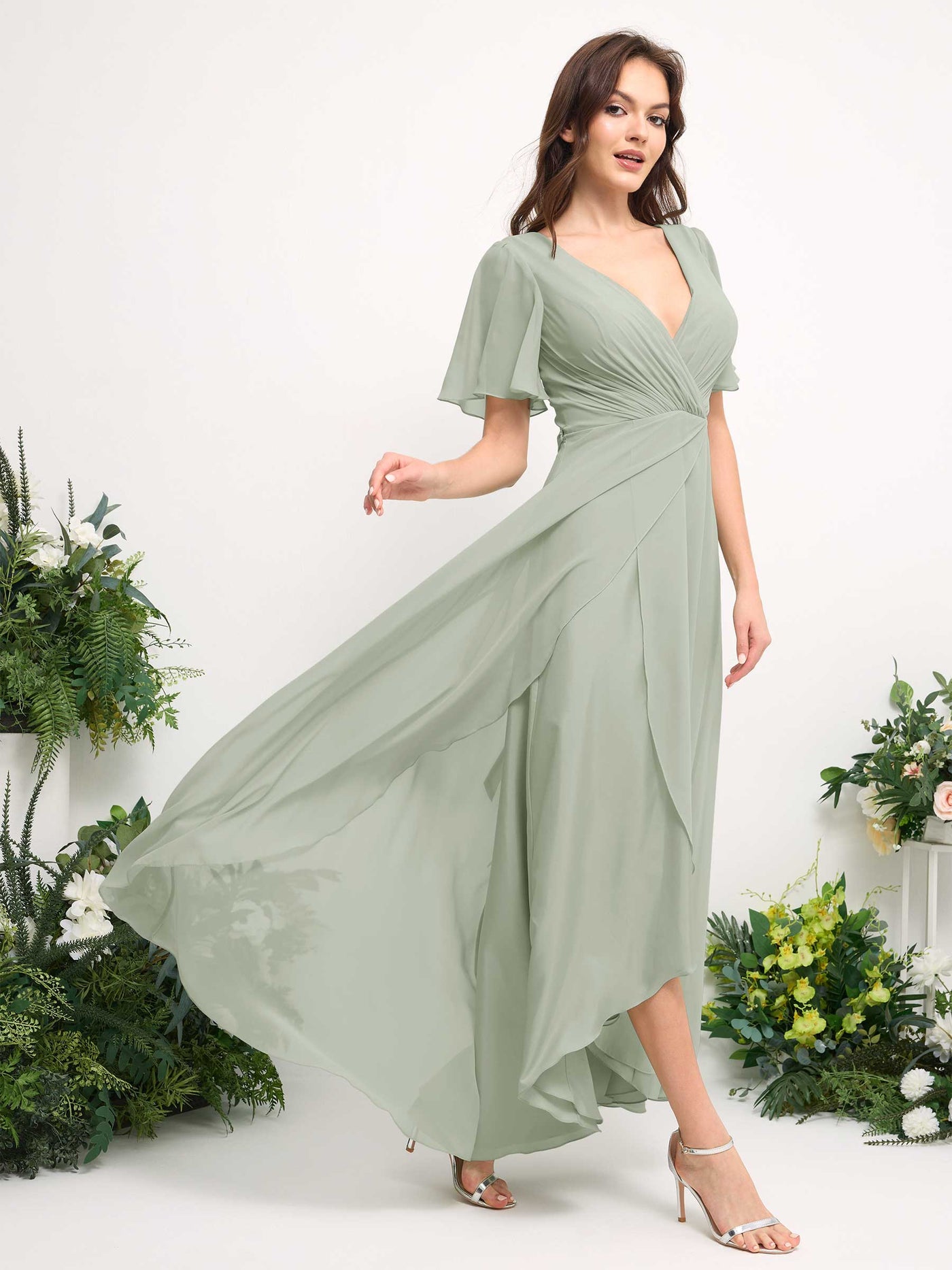 A-Line Asymmetric Chiffon Maxi Dress | V-Neck Short Sleeve Bridesmaid & Wedding Guest Dress #color_sage-green