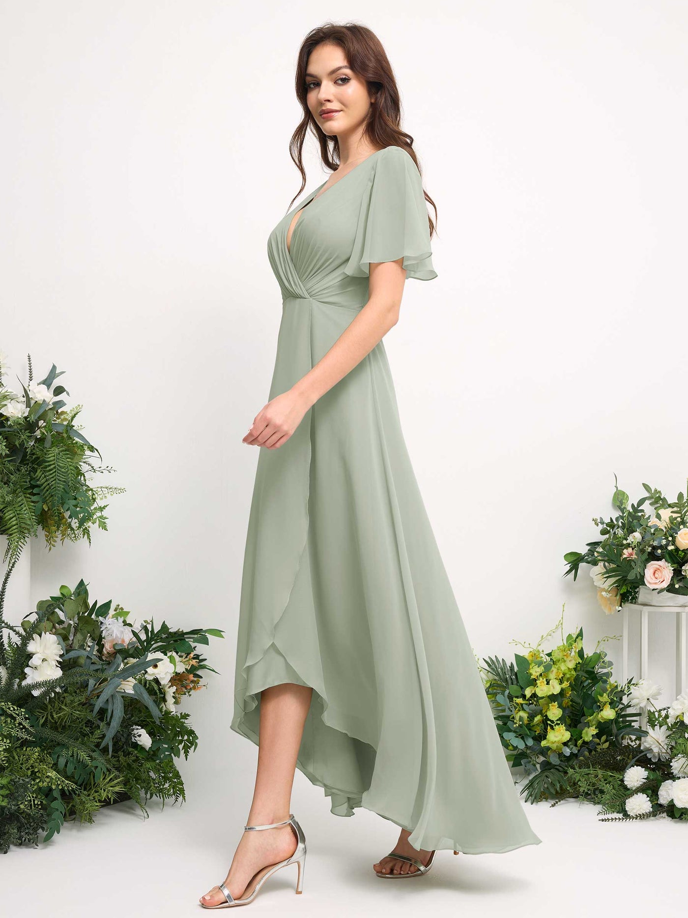 A-Line Asymmetric Chiffon Maxi Dress | V-Neck Short Sleeve Bridesmaid & Wedding Guest Dress #color_sage-green