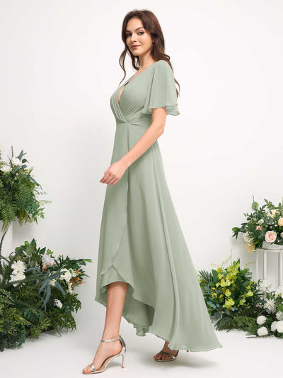 A-Line Asymmetric Chiffon Maxi Dress | V-Neck Short Sleeve Bridesmaid & Wedding Guest Dress #color_sage-green