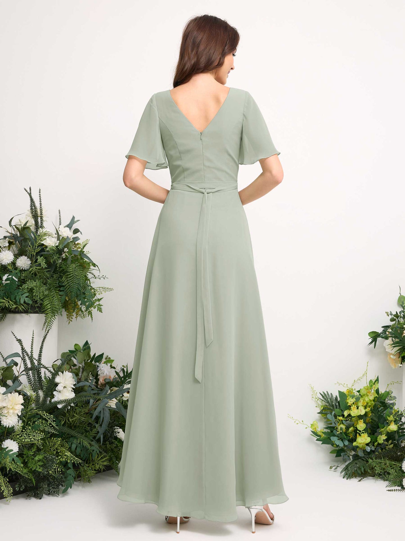 A-Line Asymmetric Chiffon Maxi Dress | V-Neck Short Sleeve Bridesmaid & Wedding Guest Dress #color_sage-green