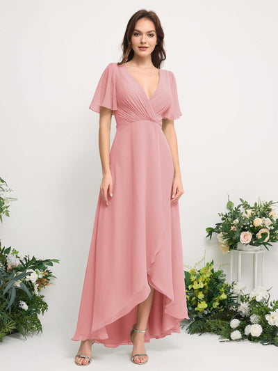 A-Line Asymmetric Chiffon Maxi Dress | V-Neck Short Sleeve Bridesmaid & Wedding Guest Dress #color_champagne-rose