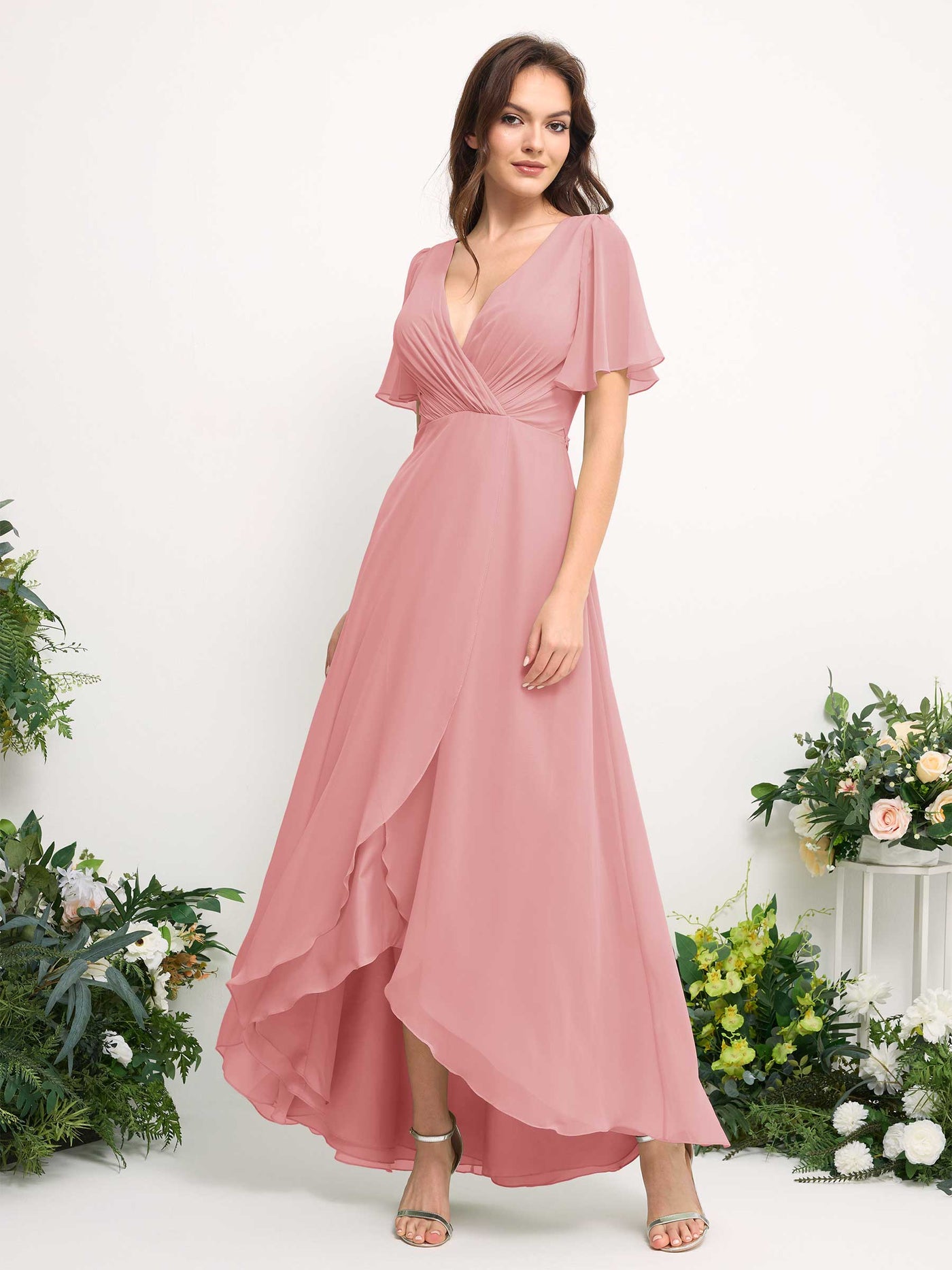 A-Line Asymmetric Chiffon Maxi Dress | V-Neck Short Sleeve Bridesmaid & Wedding Guest Dress #color_champagne-rose