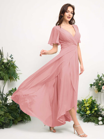A-Line Asymmetric Chiffon Maxi Dress | V-Neck Short Sleeve Bridesmaid & Wedding Guest Dress #color_champagne-rose