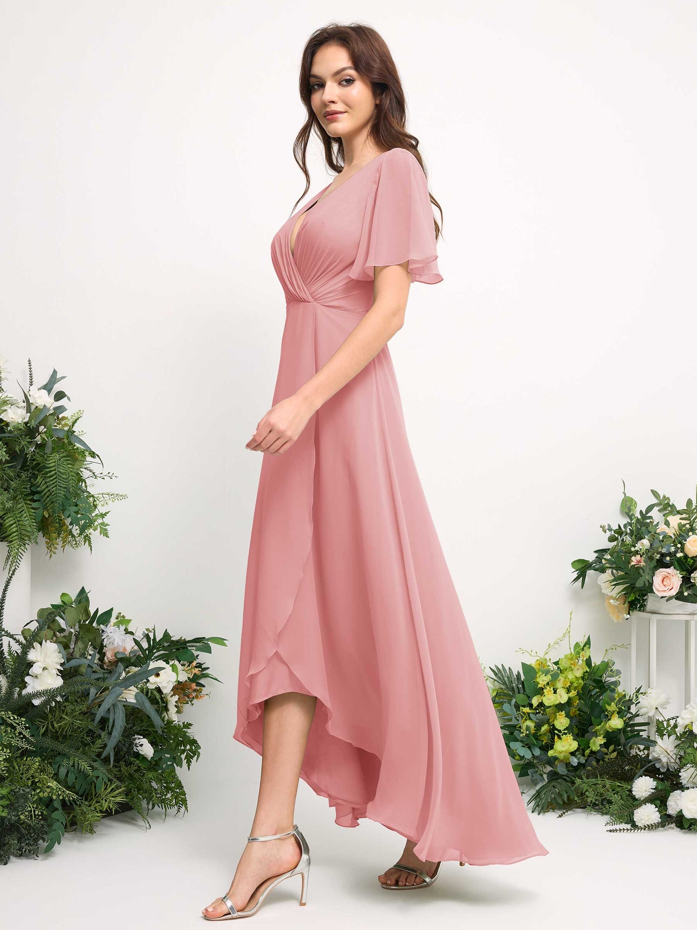 A-Line Asymmetric Chiffon Maxi Dress | V-Neck Short Sleeve Bridesmaid & Wedding Guest Dress #color_champagne-rose