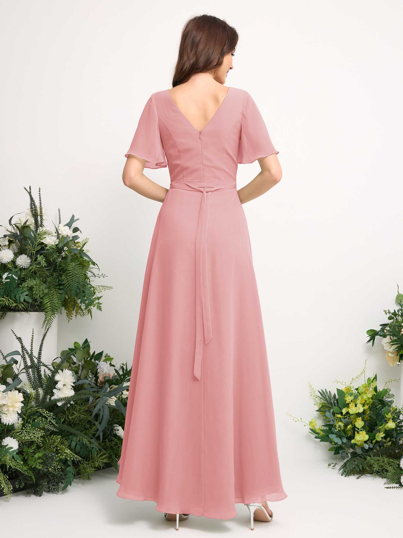 A-Line Asymmetric Chiffon Maxi Dress | V-Neck Short Sleeve Bridesmaid & Wedding Guest Dress #color_champagne-rose