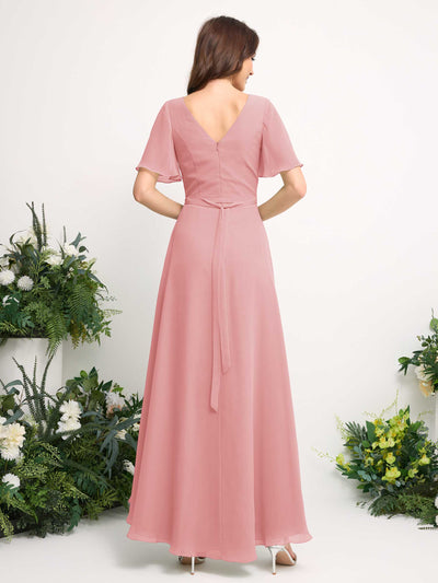 A-Line Asymmetric Chiffon Maxi Dress | V-Neck Short Sleeve Bridesmaid & Wedding Guest Dress #color_champagne-rose