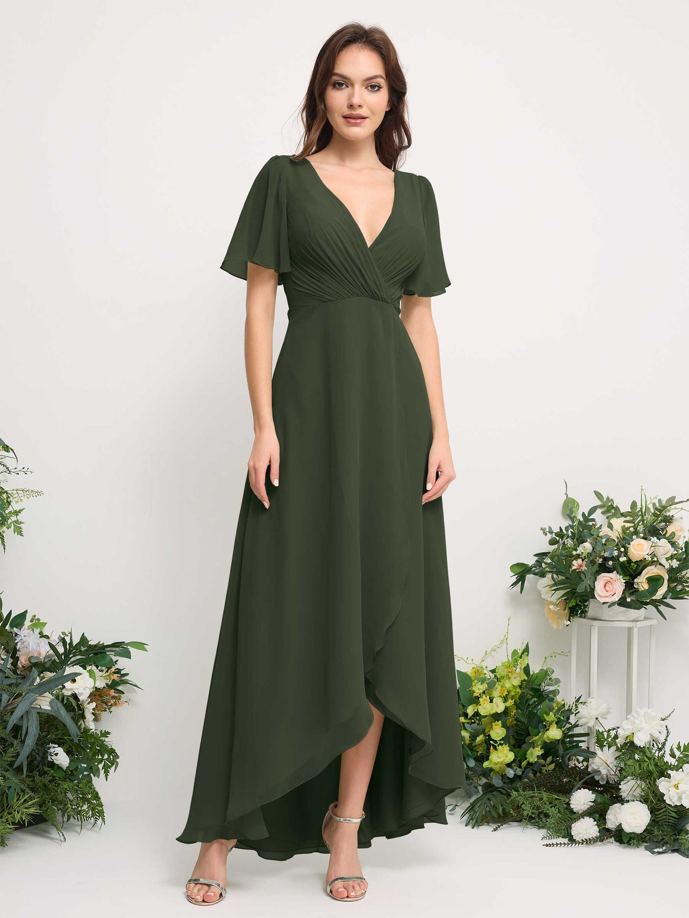 A-Line Asymmetric Chiffon Maxi Dress | V-Neck Short Sleeve Bridesmaid & Wedding Guest Dress #color_martini-olive