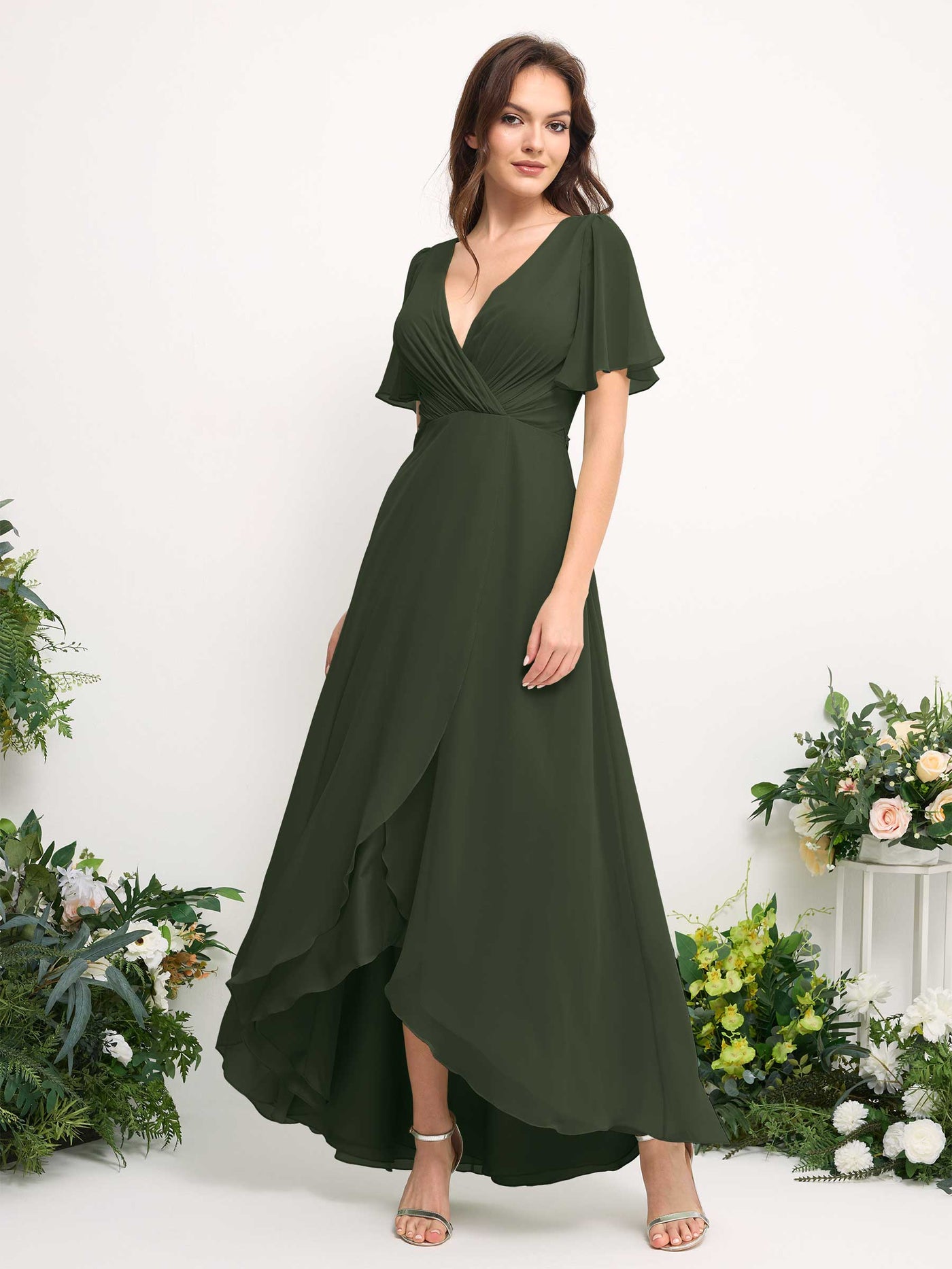 A-Line Asymmetric Chiffon Maxi Dress | V-Neck Short Sleeve Bridesmaid & Wedding Guest Dress #color_martini-olive