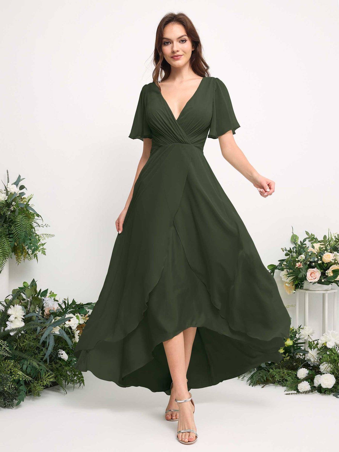 A-Line Asymmetric Chiffon Maxi Dress | V-Neck Short Sleeve Bridesmaid & Wedding Guest Dress #color_martini-olive