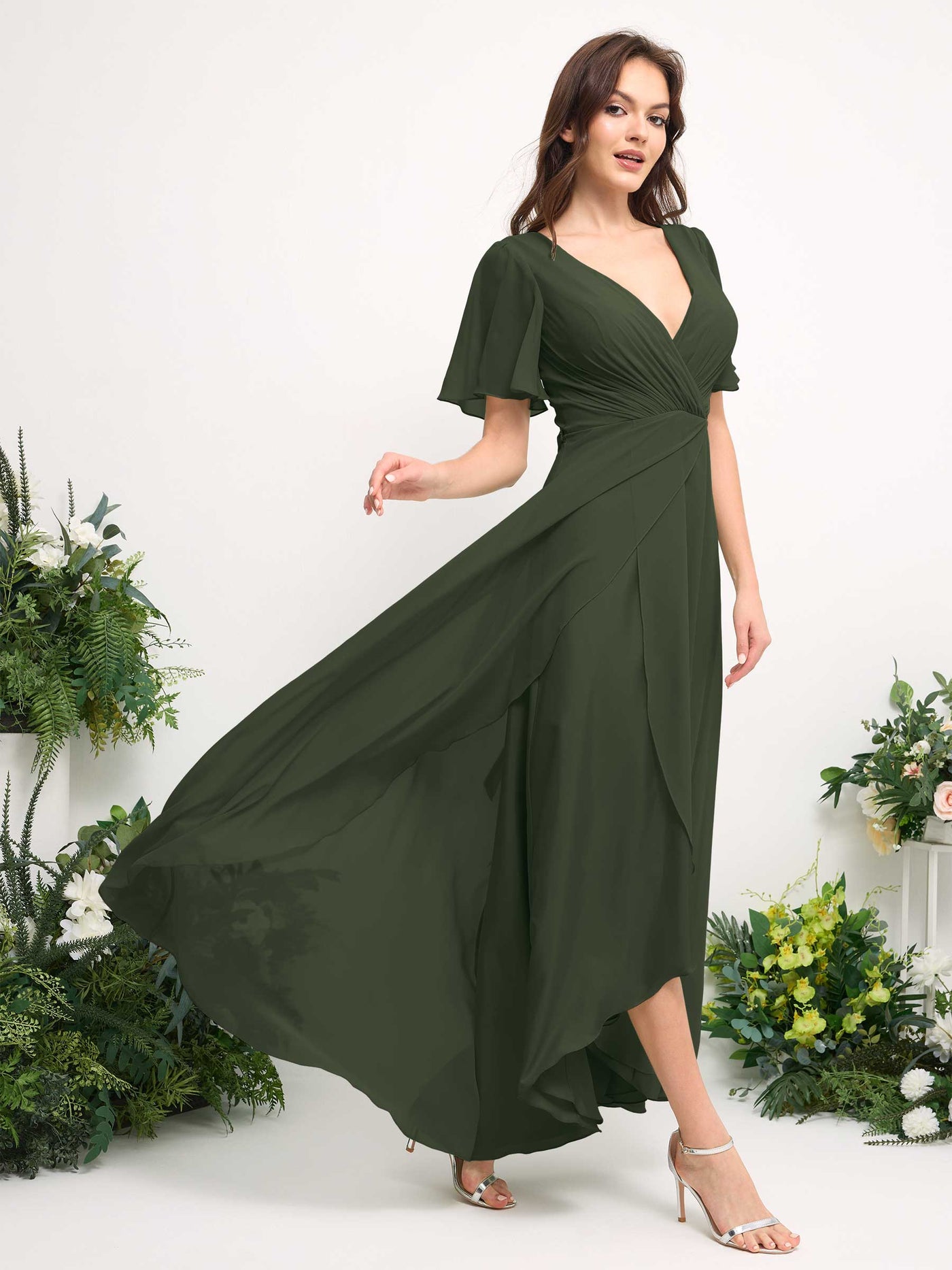 A-Line Asymmetric Chiffon Maxi Dress | V-Neck Short Sleeve Bridesmaid & Wedding Guest Dress #color_martini-olive