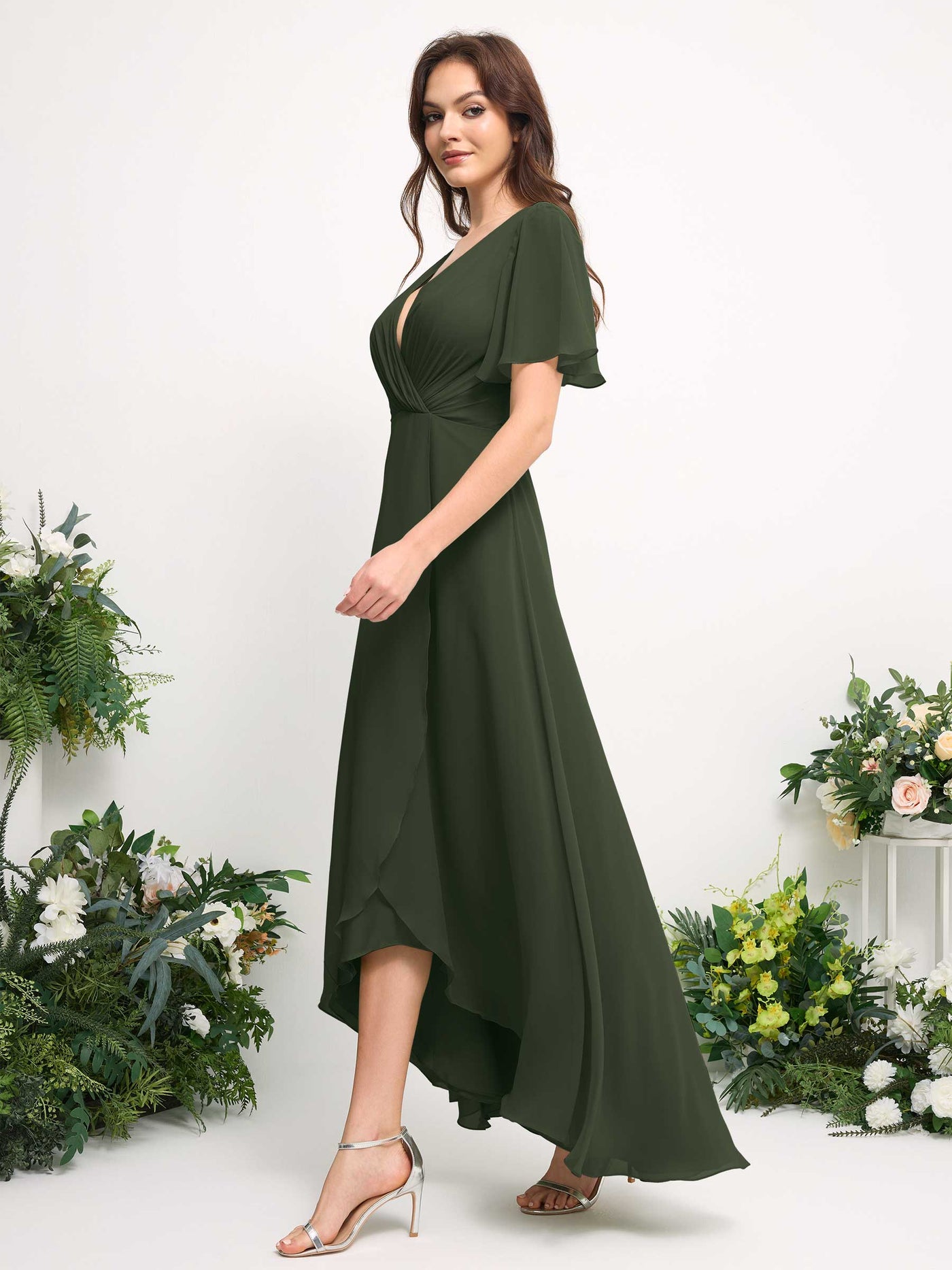 A-Line Asymmetric Chiffon Maxi Dress | V-Neck Short Sleeve Bridesmaid & Wedding Guest Dress #color_martini-olive