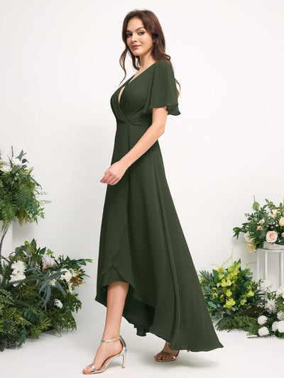 A-Line Asymmetric Chiffon Maxi Dress | V-Neck Short Sleeve Bridesmaid & Wedding Guest Dress #color_martini-olive